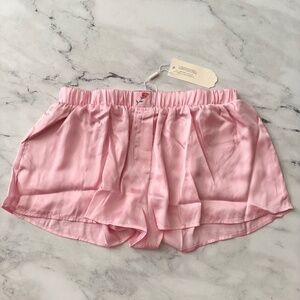 For Love & Lemons Pink Satin Everyday PJ Sleep Shorts w/ Flower Nwt